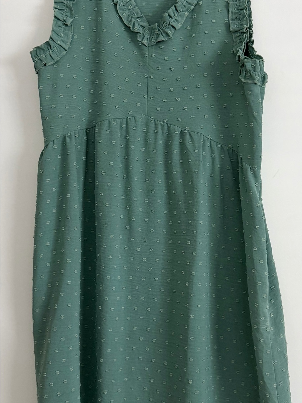 Sleeveless Ruffle Swiss Dot Dress in Sage Green